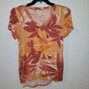 Telluride Clothing C. Women's Orange Floral V Neck Tee Shirt Size M Soft Stretch